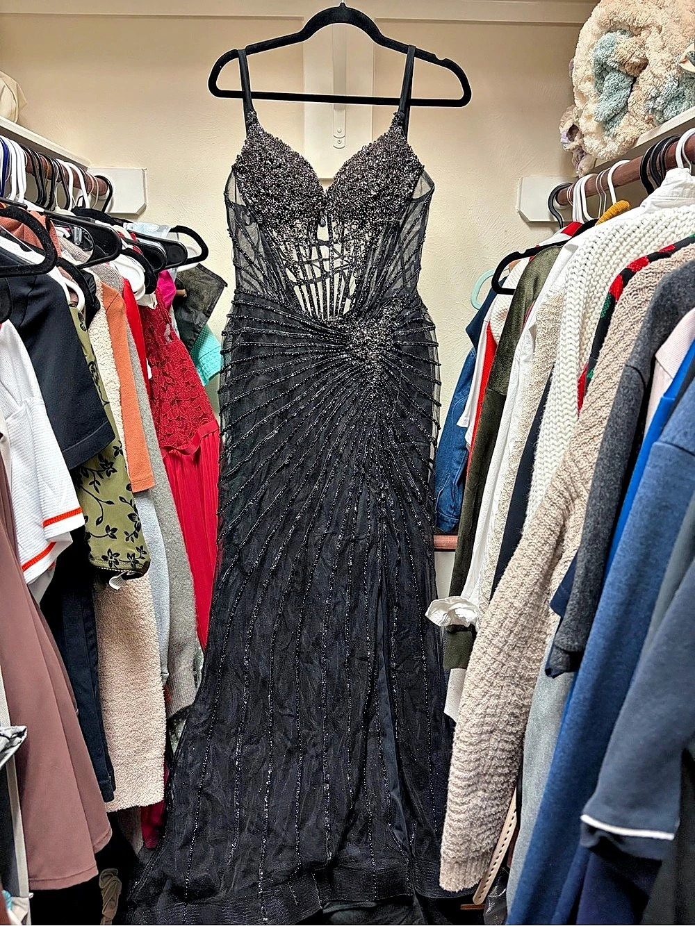Chantal CD727 Black Beaded Maxi Dress Like New